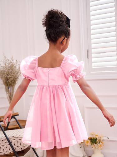 Girl's Mesh Short Puff Sleeve Square Neck High Waist Flared Hem Zipper A Line Dress