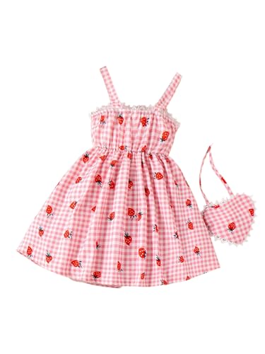 Toddler Girl's Plaid Strawberry Print Flared Cami Dress Cute Swing Dress with Bag