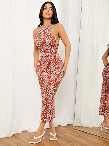 Women's Floral Print Halter Neck Sleeveless Bodycon Pencil Long Dresses