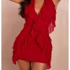Women's Sexy Mesh Deep V Neck Ruffle Trim Halter Mini Dress 3D Flower Decor Sleeveless Cocktail Dress