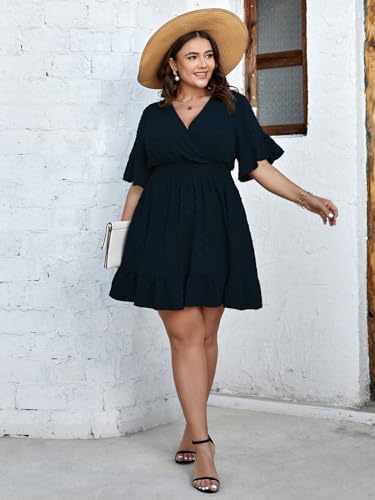 Plus Size Casual Summer Dress for Women Swiss Dot Wrap V Neck Ruffle Sleeve Smock Boho Mini Dress
