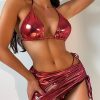 Women's 3 Piece Metallic Swimsuits Halter Triangle String Bikini Set with Beach Skirt