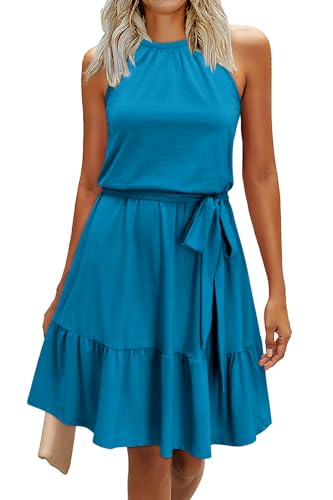 Womens 2025 Summer Dress Halter Wedding Guest Casual Beach Vacation Outfits Belted Sundresses with Pockets