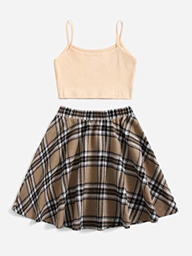 Girl's 2 Piece Outfits Cartoon Print Cami Top and Plaid Skater Skirt Set