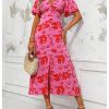 Women's Floral Print V Neck Ruffle Short Sleeve Dress Split A Line Long Dresses