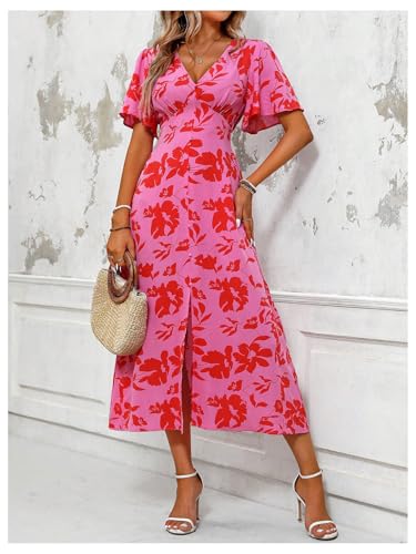 Women's Floral Print V Neck Ruffle Short Sleeve Dress Split A Line Long Dresses