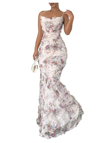 Women's Floral Mesh Bodycon Maxi Dress Frill Trim Sleeveless Fishtail Cami Dresses