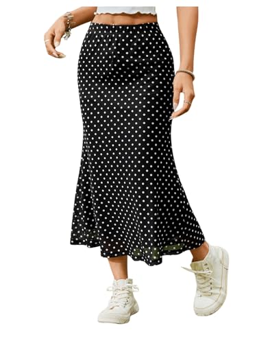 Women's Polka Dots Fishtail Midi Skirt Elastic Waist Ruffle Hem Mesh Bodycon Skirt