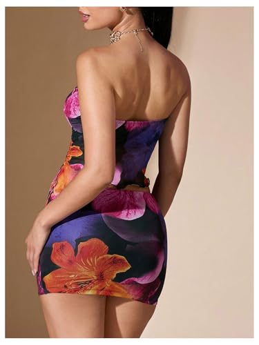 Women's 2 Piece Outfits Floral Print Drawstring Asymmetrical Tube Top and Bodycon Mini Skirt Set