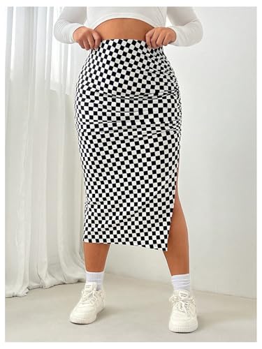 Women's Plus Size Checkered Split Thigh Midi Skirt Ruched High Waisted Bodycon Skirts