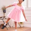 Girl's Mesh Short Puff Sleeve Square Neck High Waist Flared Hem Zipper A Line Dress