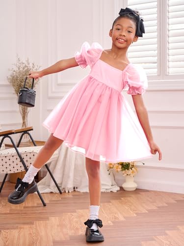 Girl's Mesh Short Puff Sleeve Square Neck High Waist Flared Hem Zipper A Line Dress