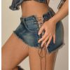 Women's Lace Up Side Bodycon Denim Mini Skirt Y2k Low Rise Frayed Hem Jean Skirts