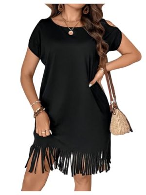 Women's Plus Size Round Neck Short Sleeve Fringe Hem Dress Casual Dresses