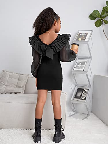 Girl's Mesh Ruffle Trim Layered Tie Back Lantern Sleeve Pencil Mini Dress