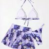 Women's 3 Piece Halter Triangle Bikini Marble Print Swimsuits and Coverup Skirt