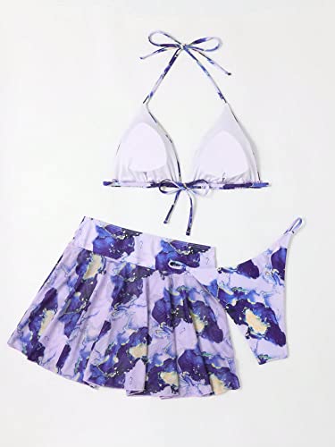 Women's 3 Piece Halter Triangle Bikini Marble Print Swimsuits and Coverup Skirt