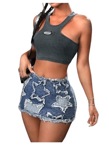 Women's Star Pattern Ripped Raw Hem Bodycon Pencil Skirts Slim Fit Y2K Cheeky Denim Hip Skirt