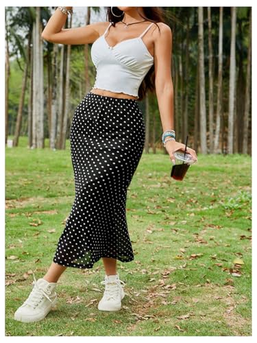 Women's Polka Dots Fishtail Midi Skirt Elastic Waist Ruffle Hem Mesh Bodycon Skirt