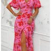 Women's Floral Print V Neck Ruffle Short Sleeve Dress Split A Line Long Dresses