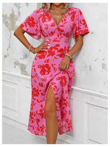 Women's Floral Print V Neck Ruffle Short Sleeve Dress Split A Line Long Dresses