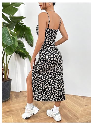Women's Floral Print Split Thigh Midi Cami Dress Square Neck High Waist Slim Fit Summer Dress