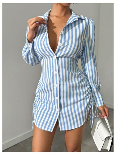 Women's Striped Button Down Drawstring Side Dress Long Sleeve Collared Smocked Shirt Dresses