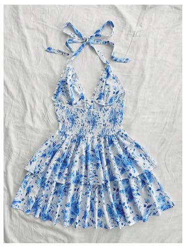 Women's Floral Layered Ruffle Halter Mini Dress Lace Up Tie Backless Deep V Neck A Line Dresses