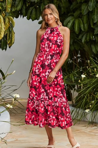 Womens 2025 Summer Vacation Outfits Halter Neck Floral Tiered Ruffled Flowy Casual Beach Boho Long Maxi Dress
