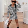 Girl's 2 Piece Outfits Houndstooth Print Double Button Long Sleeve Jacket and Cami Dress Set