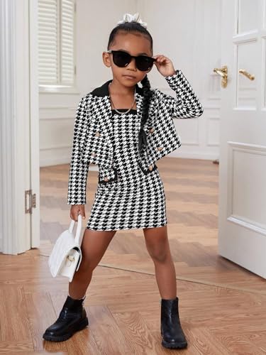 Girl's 2 Piece Outfits Houndstooth Print Double Button Long Sleeve Jacket and Cami Dress Set