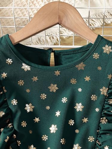 Girl's Flounce Sleeve Belted Gold Snowflake Party Swing A Line Dress