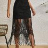 Women's Boho Solid Fringe Hem Lace See through High Waisted Casual Overlay Long Skirt