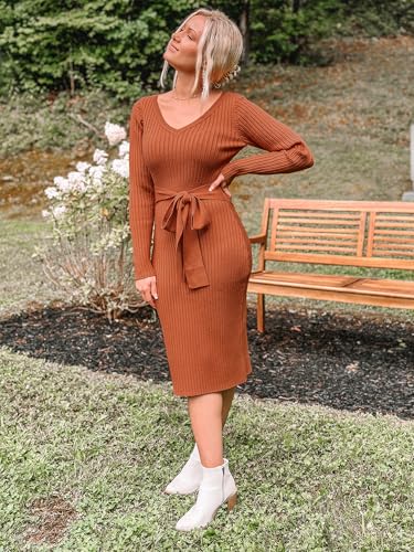 Womens 2025 Sweater Dress Long Sleeve Fall Midi Ribbed Knit Winter Belted Bodycon Dresses Work Clothes