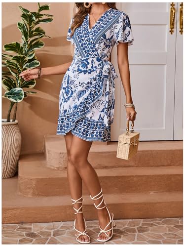 Women's Summer Casual Boho Floral Print Short Sleeve Wrap V Neck Ruffle Hem A Line Dress