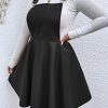 Women's Plus Size PU Leather Overalls Sleeveless Flare Hem Solid Pinafore Dress