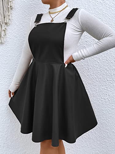 Women's Plus Size PU Leather Overalls Sleeveless Flare Hem Solid Pinafore Dress