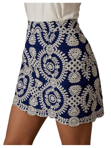 Women's Boho Tribal Print Scallop Trim Summer Zipper Bodycon Mini Skirt