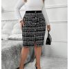 Women's Plus Size Plaid Skirt High Waisted Button Front Split Hem Knee Length Pencil Skirts