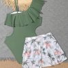 Girl's 2 Piece Swimsuit Asymmetrical Ruffle One Piece with Tropical Print Cover Up Skirt