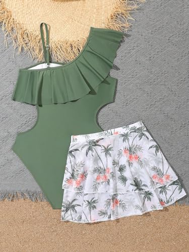 Girl's 2 Piece Swimsuit Asymmetrical Ruffle One Piece with Tropical Print Cover Up Skirt