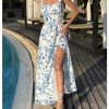 Women's Floral Print Ruched Square Neck Maxi Dress Tie Back High Slit Flared Dresses