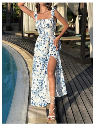 Women's Floral Print Ruched Square Neck Maxi Dress Tie Back High Slit Flared Dresses