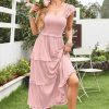 Women's 2025 Summer Wedding Guest Dress Ruffle Sleeve Smocked Square Neck Long Flowy Tiered Maxi Sundress