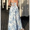 Women's Floral Print Ruched Square Neck Maxi Dress Tie Back High Slit Flared Dresses