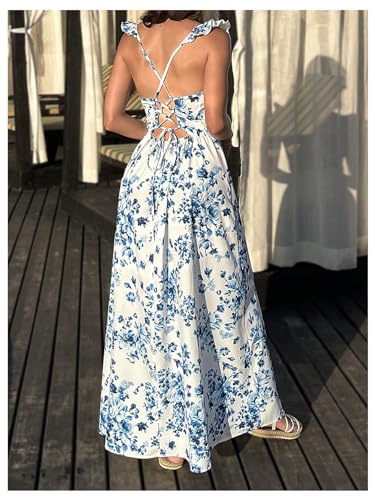 Women's Floral Print Ruched Square Neck Maxi Dress Tie Back High Slit Flared Dresses