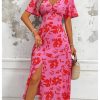 Women's Floral Print V Neck Ruffle Short Sleeve Dress Split A Line Long Dresses