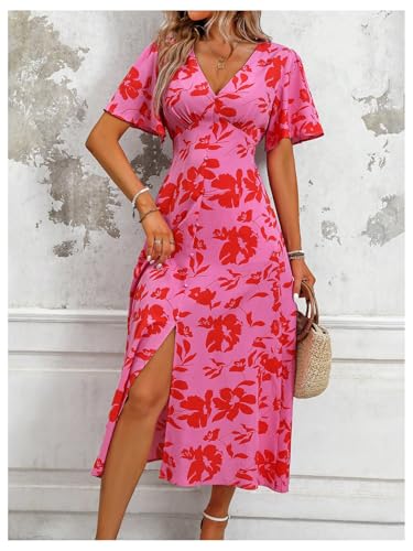 Women's Floral Print V Neck Ruffle Short Sleeve Dress Split A Line Long Dresses