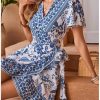Women's Summer Casual Boho Floral Print Short Sleeve Wrap V Neck Ruffle Hem A Line Dress