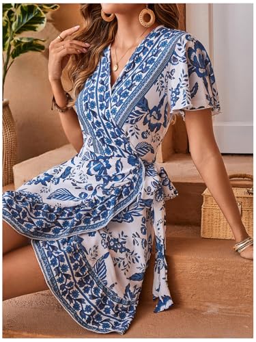 Women's Summer Casual Boho Floral Print Short Sleeve Wrap V Neck Ruffle Hem A Line Dress